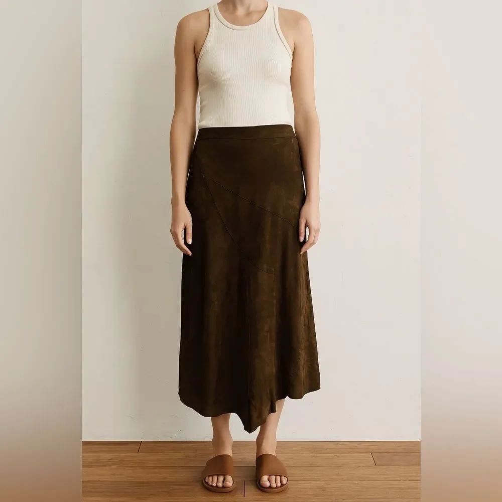 Peruvian Connection Brown Suede Asymmetrical Midi Skirt Size 10 Genuine Leather